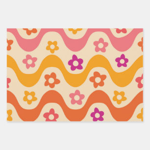 Cute Groovy flowers pattern on retro waves  Wrapping Paper Sheet