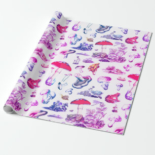 Cute Groovy Pink Mushroom Frog Forest Pattern Wrapping Paper