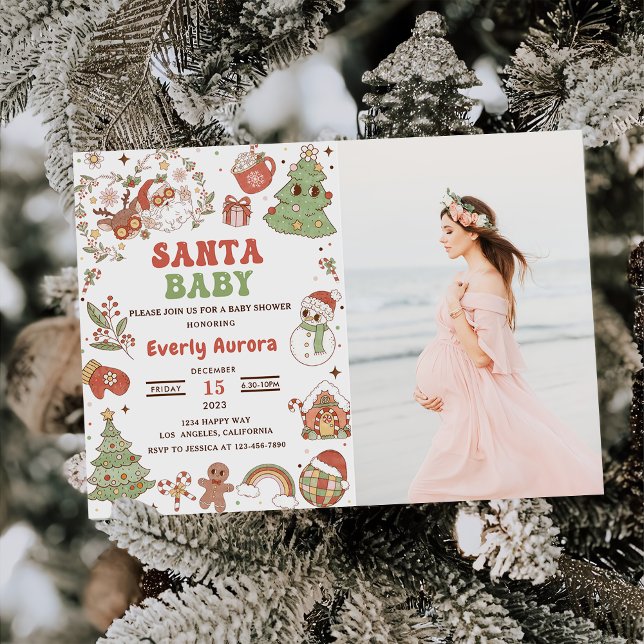 Cute Groovy Santa Christmas Baby Shower Photo Invitation (Creator Uploaded)