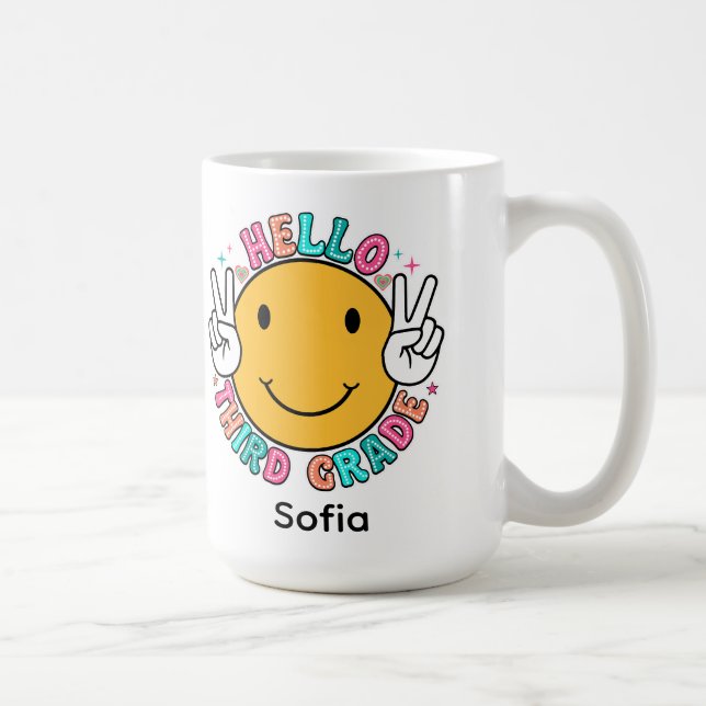 Cute Groovy Smiley Face Hello Third Grade Back To  Coffee Mug (Right)
