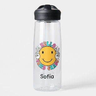 Cute Groovy Smiley Face Hello Third Grade Back To Water Bottle