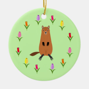 Cute Groundhog and Tulip Flowers Ceramic Ornament