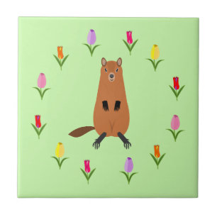 Cute Groundhog and Tulip Flowers Ceramic Tile