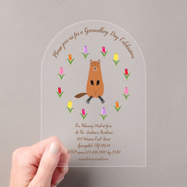 Cute Groundhog and Tulip Flowers Custom Acrylic Invitations (Insitu (Handheld))