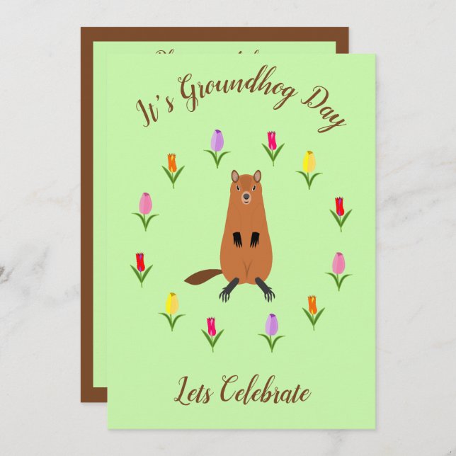 Cute Groundhog and Tulip Flowers Custom Invitation (Front/Back)