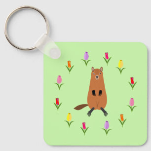 Cute Groundhog and Tulip Flowers Custom Key Ring