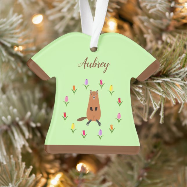 Cute Groundhog and Tulip Flowers Custom Name Ornament (Tree)
