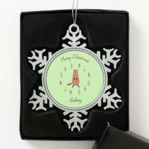 Cute Groundhog and Tulip Flowers Custom Name Snowflake Pewter Christmas Ornament