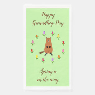 Cute Groundhog and Tulip Flowers Custom Napkin