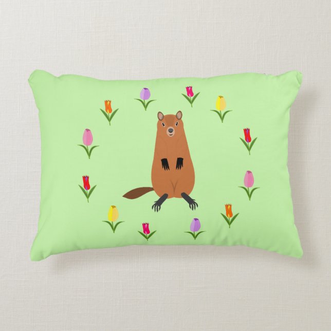 Cute Groundhog and Tulip Flowers Decorative Cushion (Front)