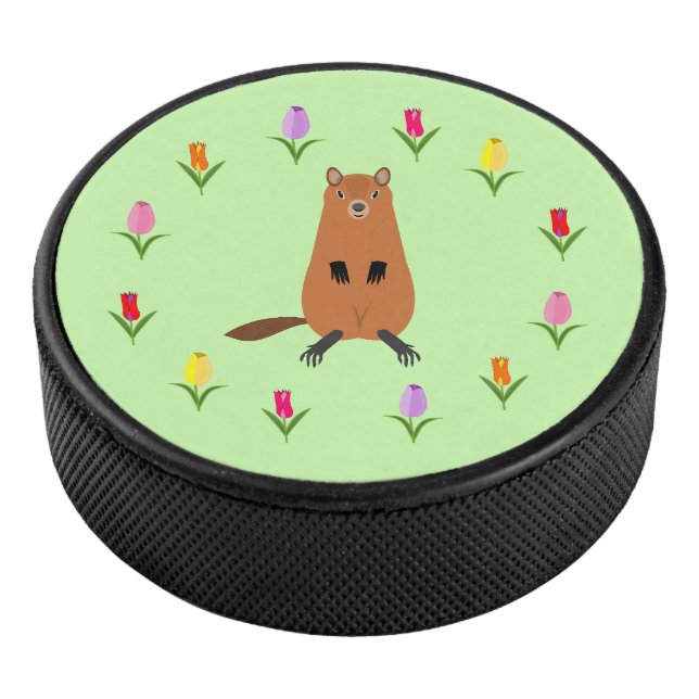 Cute Groundhog and Tulip Flowers Hockey Puck (3/4)