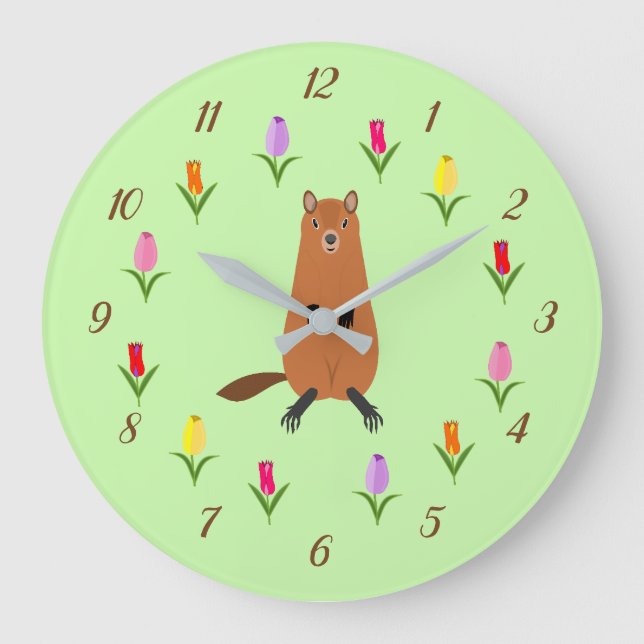 Cute Groundhog and Tulip Flowers Large Clock (Front)