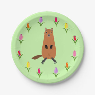 Cute Groundhog and Tulip Flowers Paper Plate