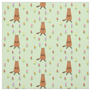 Cute Groundhog and Tulip Flowers Patterned Fabric