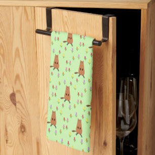 Cute Groundhog and Tulip Flowers Patterned Tea Towel