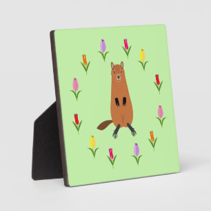 Cute Groundhog and Tulip Flowers Plaque