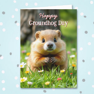 Cute Groundhog Day Groundhog in Grass & Flowers Card
