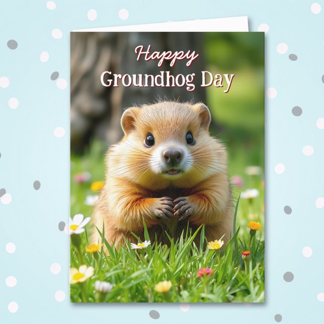Cute Groundhog Day | Groundhog in Grass & Flowers Card (Creator Uploaded)