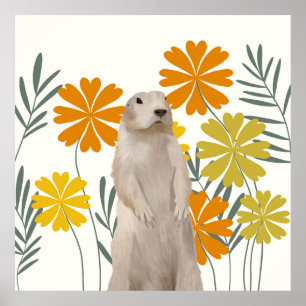 Cute Groundhog Yellow and Orange Flowers Poster