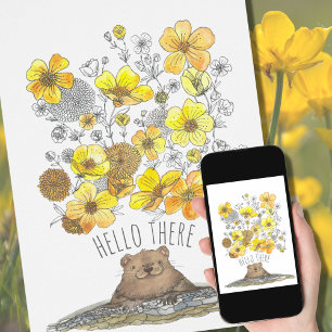 Cute Groundhog Yellow Flowers Spring Hello