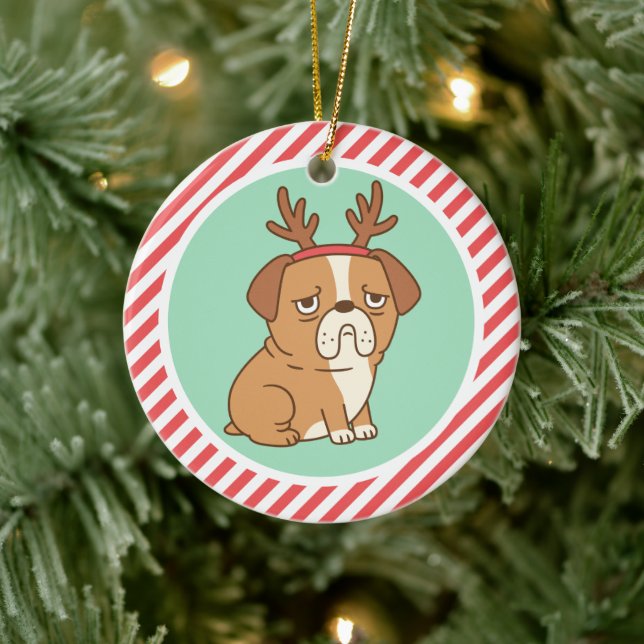 Cute Grumpy Bulldog With Reindeer Hairband Ceramic Ornament (Tree)