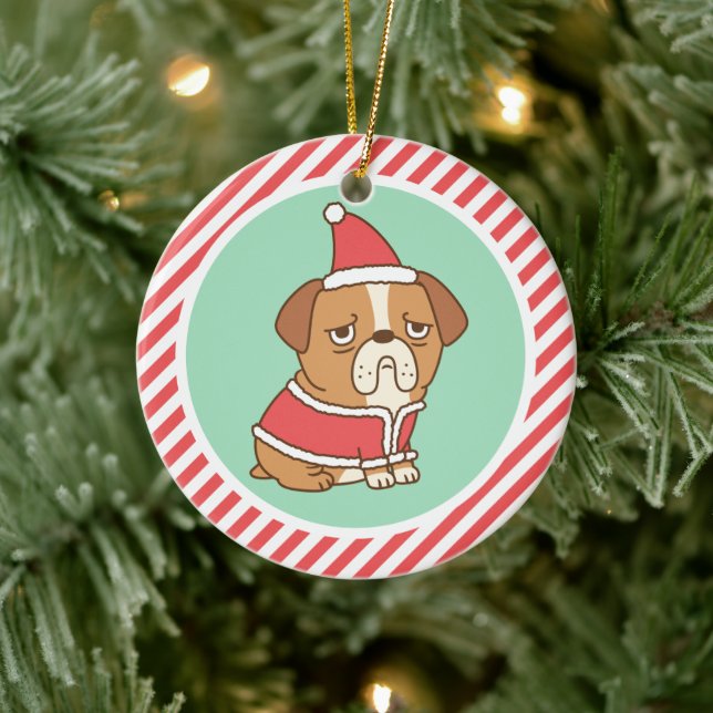 Cute Grumpy Bulldog With Santa Costume Ceramic Ornament (Tree)