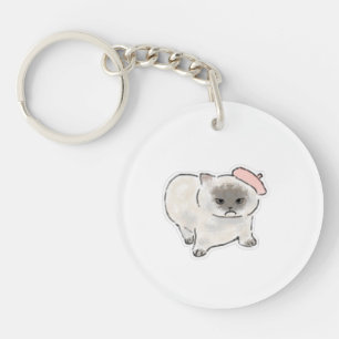 Cute Grumpy Cat Wearing Pink Beret Hand Drawn Art Key Ring