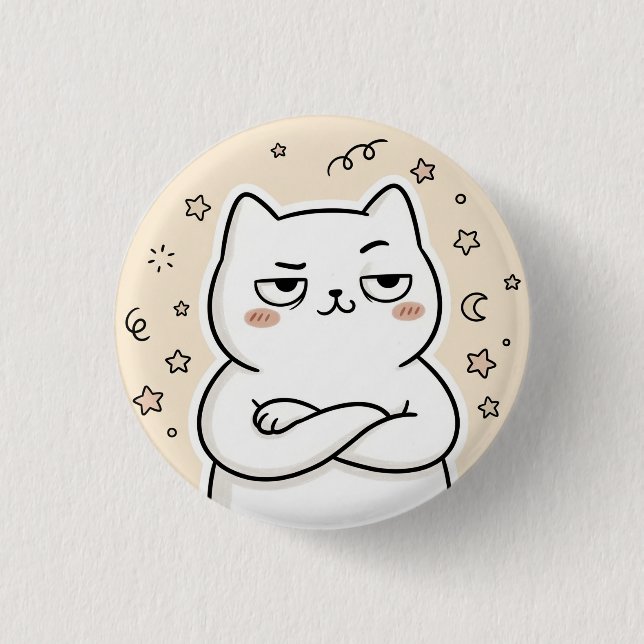 Cute Grumpy White Cat Kawaii Round Button (Front)