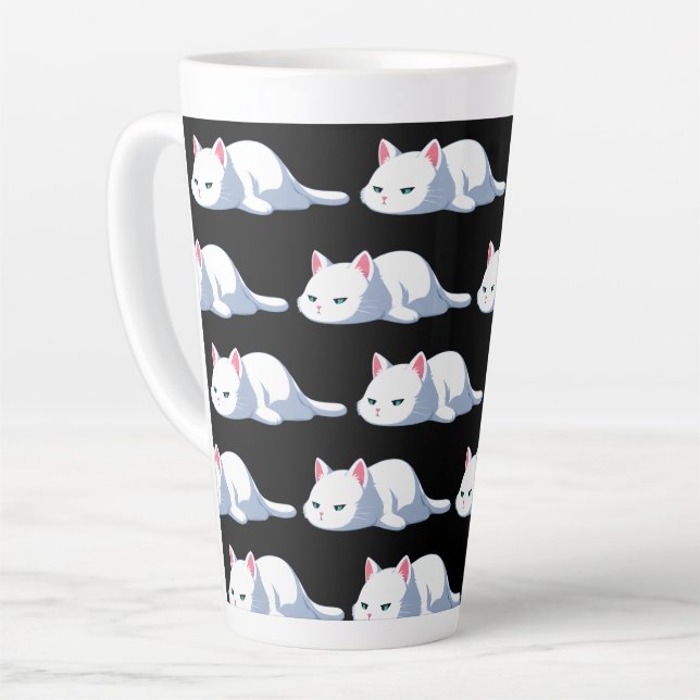 Cute Grumpy White Cat Pattern Latte Mug (Left Angle)