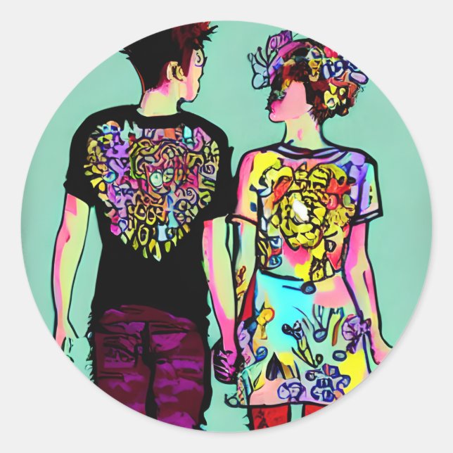 Cute Grunge Punk Rock Couple in Love Classic Round Sticker (Front)