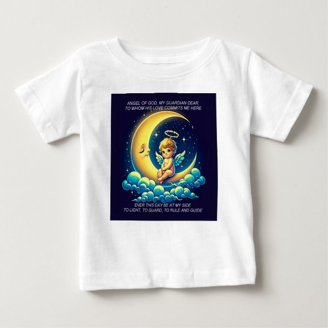 Cute Guardian Angel Cherub and Moon Expressionist Baby T-Shirt (Front)