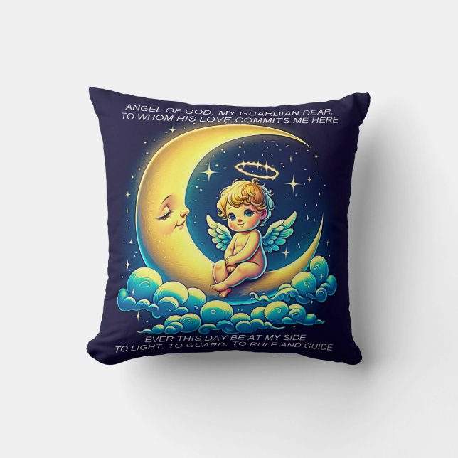 Cute Guardian Angel Cherub and Moon Expressionist Cushion (Front)