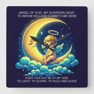 Cute Guardian Angel Cherub and Moon Expressionist Square Wall Clock