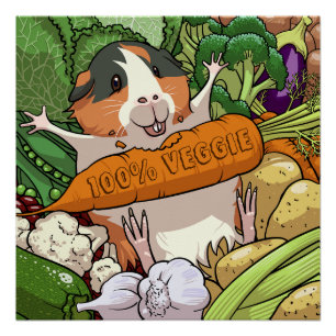 Cute Guinea Pig 100% Veggie Carrot Cartoon Poster