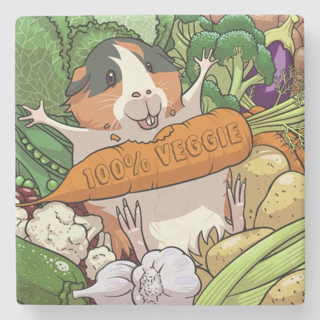 Cute Guinea Pig 100% Veggie Carrot Cartoon Stone Coaster (Front)