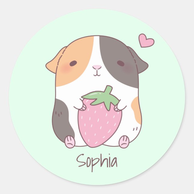 Cute Guinea Pig And Strawberry Personalised Classic Round Sticker (Front)