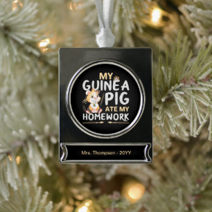 Cute Guinea Pig Ate My Homework Silver Plated Banner Ornament