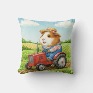 Cute Guinea Pig Farmer on Tractor in Field Pillow