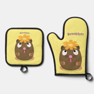 Cute guinea pig happy cartoon illustration oven mitt & pot holder set