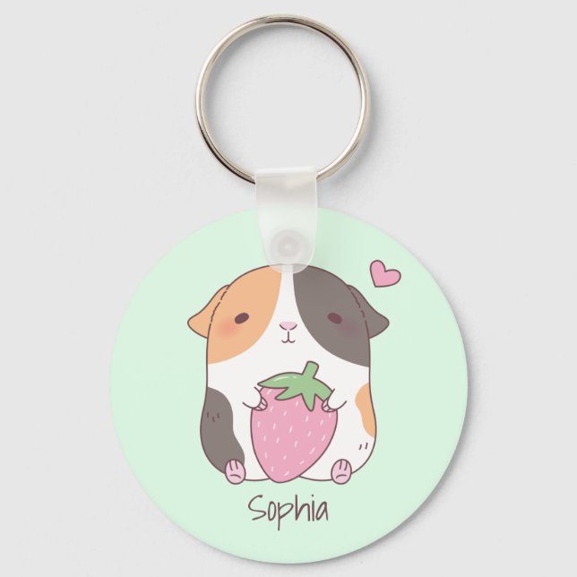 Cute Guinea Pig Hugs Strawberry Personalised Key Ring (Front)