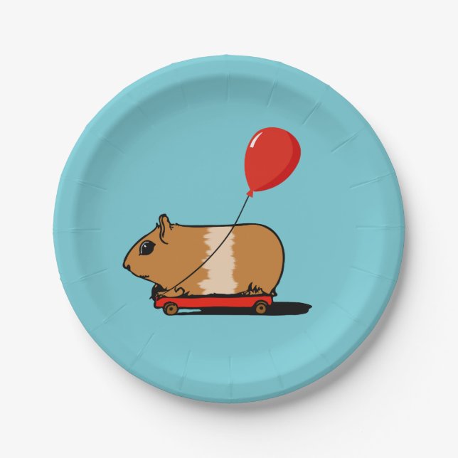 Cute Guinea Pig Riding a Cart Balloon Paper Plate (Front)