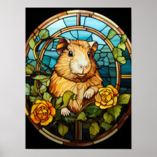 Cute Guinea Pig Stained Glass with Yellow Roses Poster