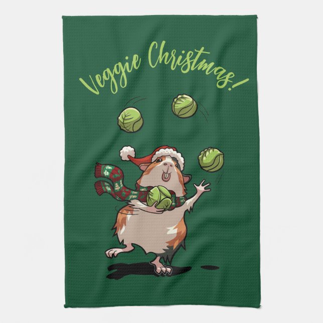 Cute Guinea Pig Veggie Christmas! Sprout Juggler Tea Towel (Vertical)