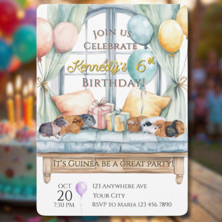 Cute Guinea Pig Watercolor Birthday Party Invitation