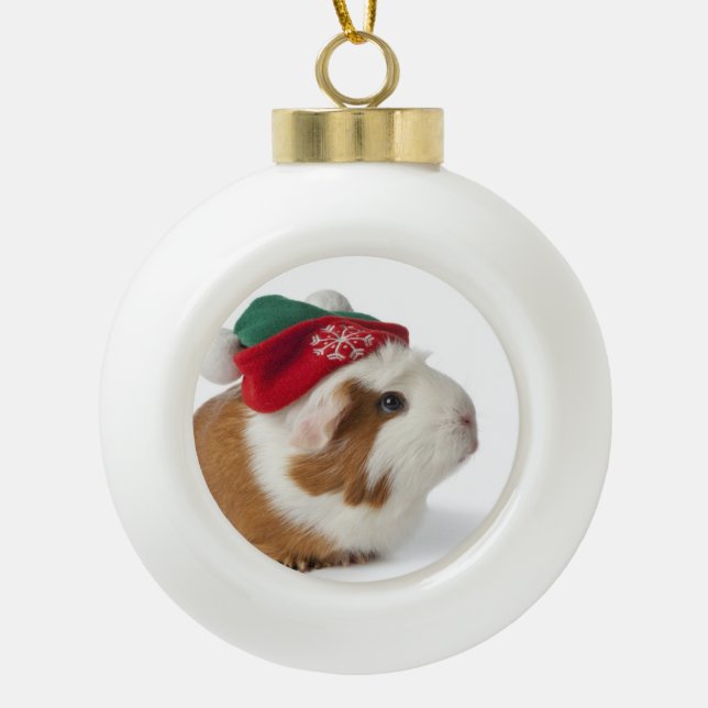 Cute Guinea Pig With Christmas Hat On White Ceramic Ball Christmas Ornament (Front)