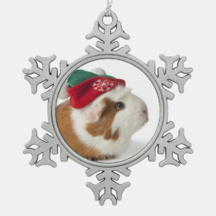 Cute Guinea Pig With Christmas Hat On White Snowflake Pewter Christmas Ornament