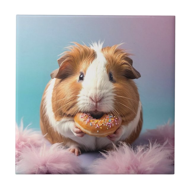 Cute Guinea Pig With Doughnut Pastel Gradient  Ceramic Tile (Front)