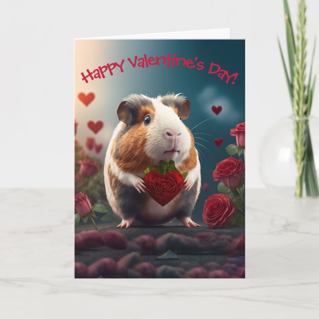 Cute Guinea Pig with Flower Heart Valentine's Day  Holiday Card (Front)