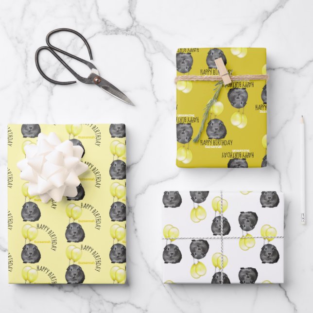Cute Guinea Pig Yellow Balloons Custom Birthday  Wrapping Paper Sheet (Front)