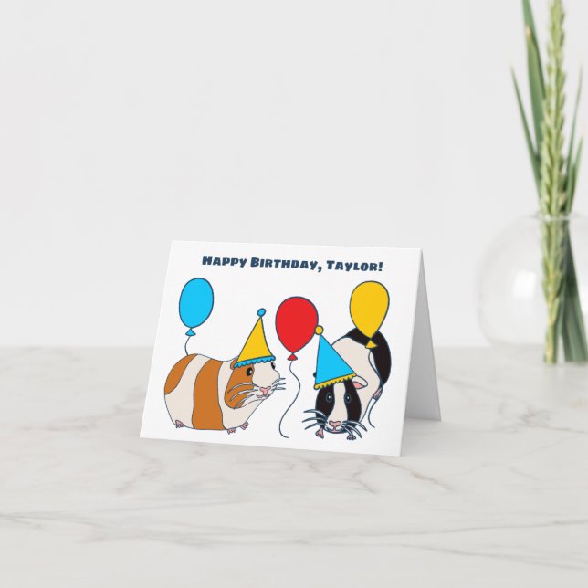 Cute Guinea Pigs and Balloons Birthday Card (Front)